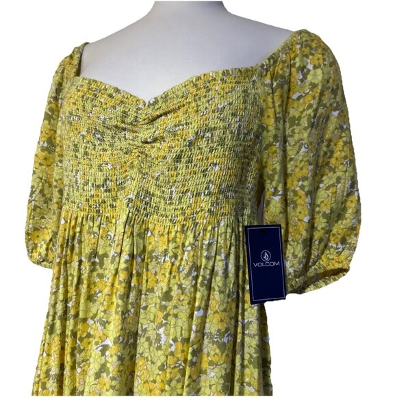 Volcom Dresses & Skirts - Babydoll Mini-dress Yellow Floral Stretch Bodice Volcom Woman's 8 Fairy core M